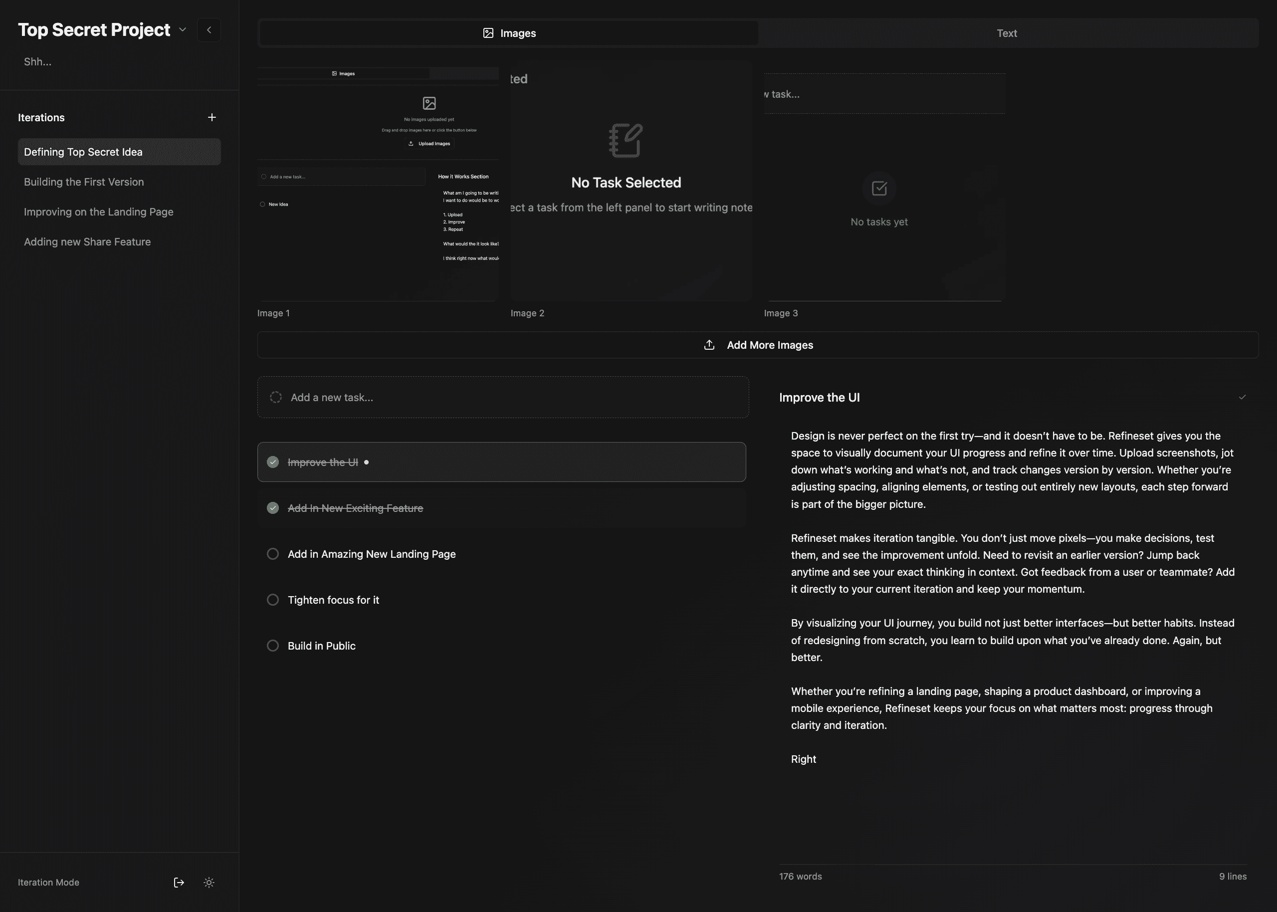 Refineset application interface showing the iteration workflow